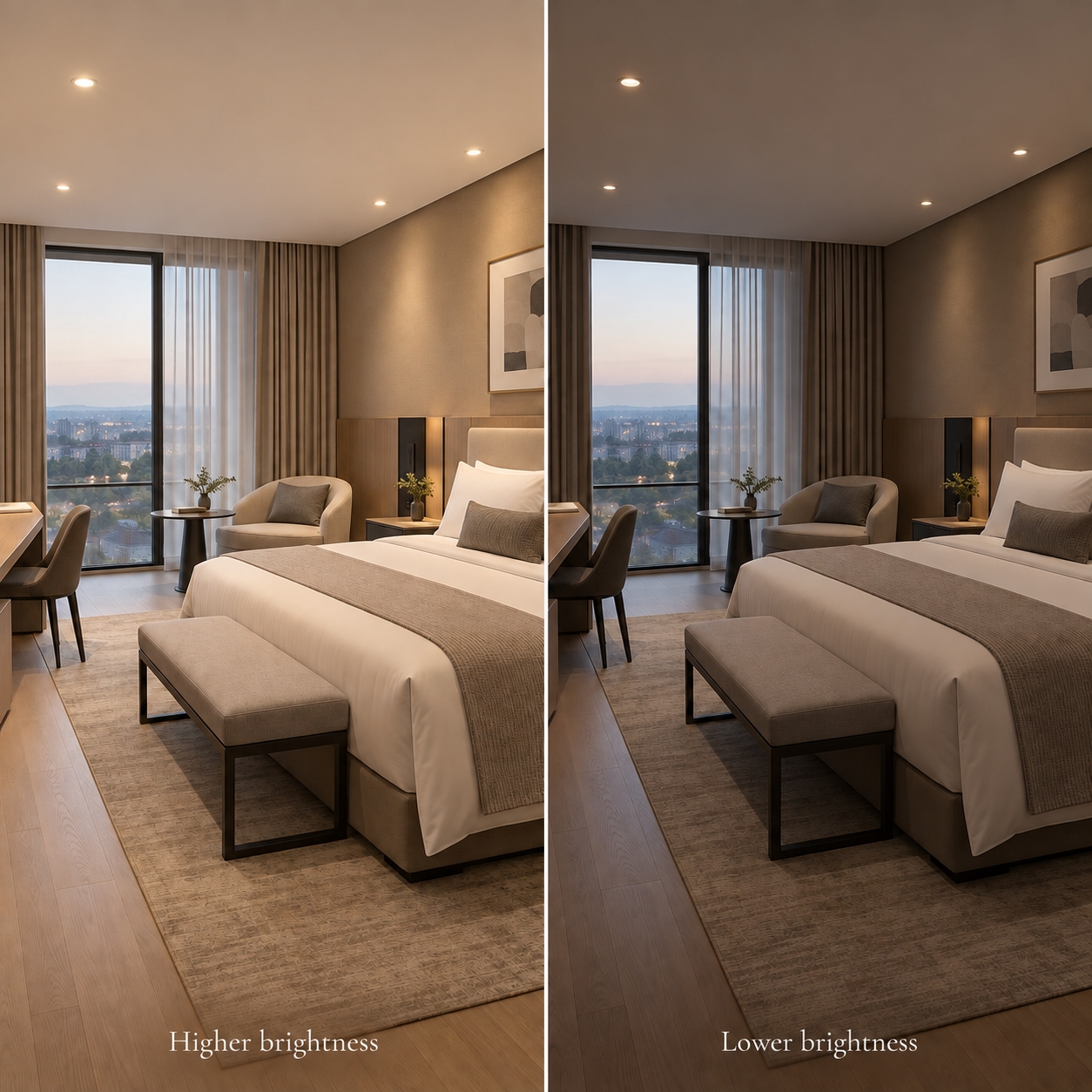 Hotel guest room with recessed LED downlights shown at two dimming levels