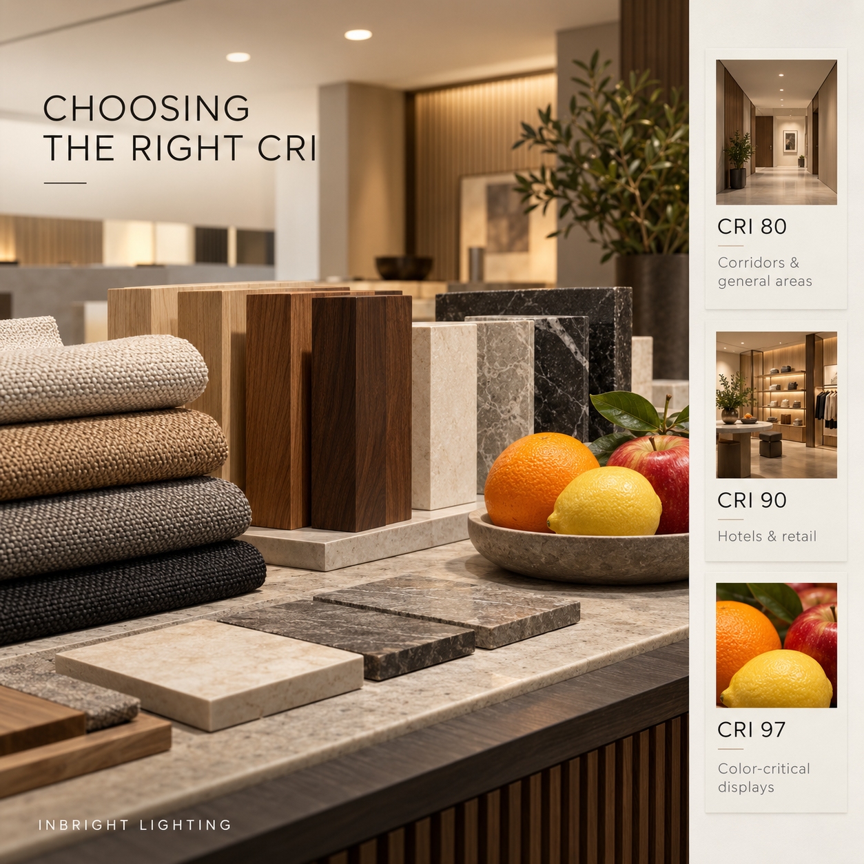 Fabric, wood, stone and fruit samples beside a CRI 80, CRI 90 and CRI 97 lighting selection guide