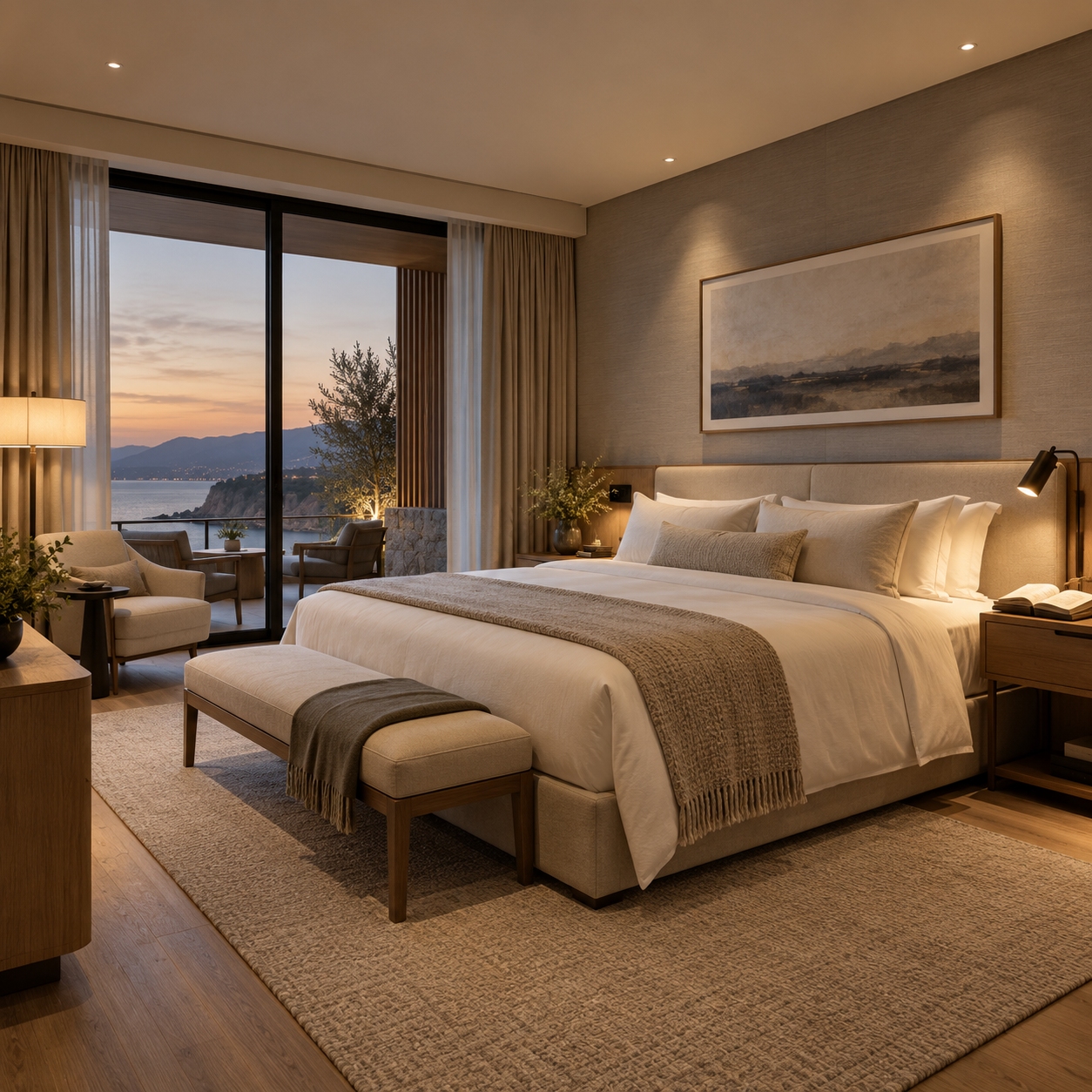 Hotel guest room with recessed LED downlights providing soft general lighting and a separate bedside