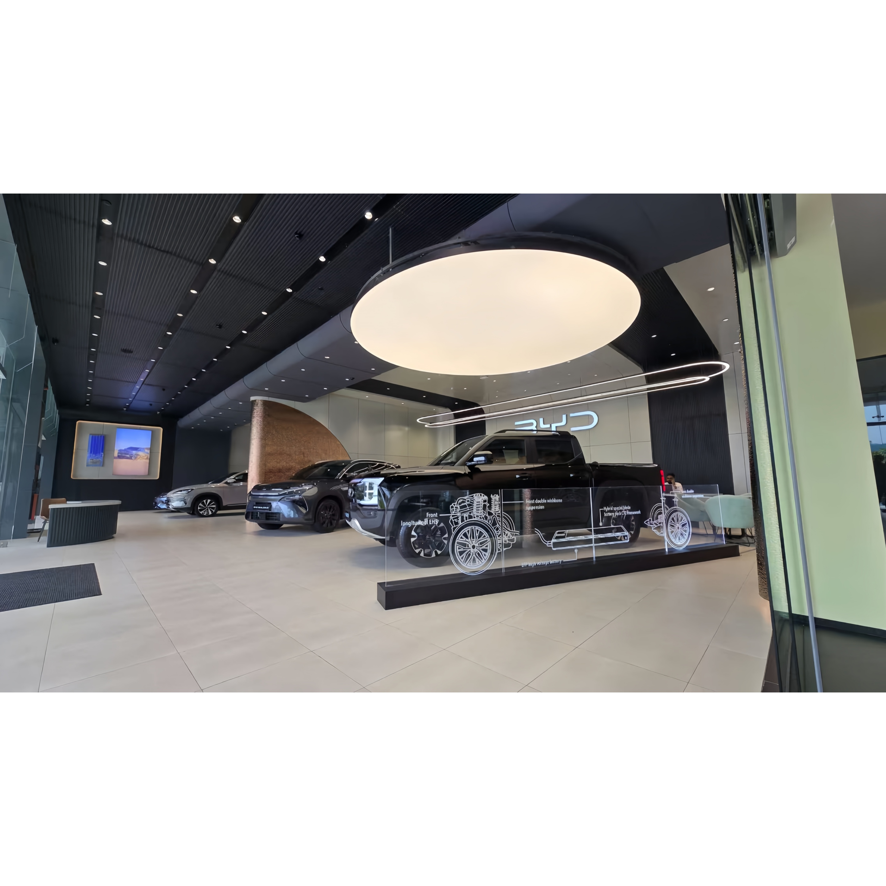 BYD Altair showroom lighting with circular feature luminaire in Sri Lanka