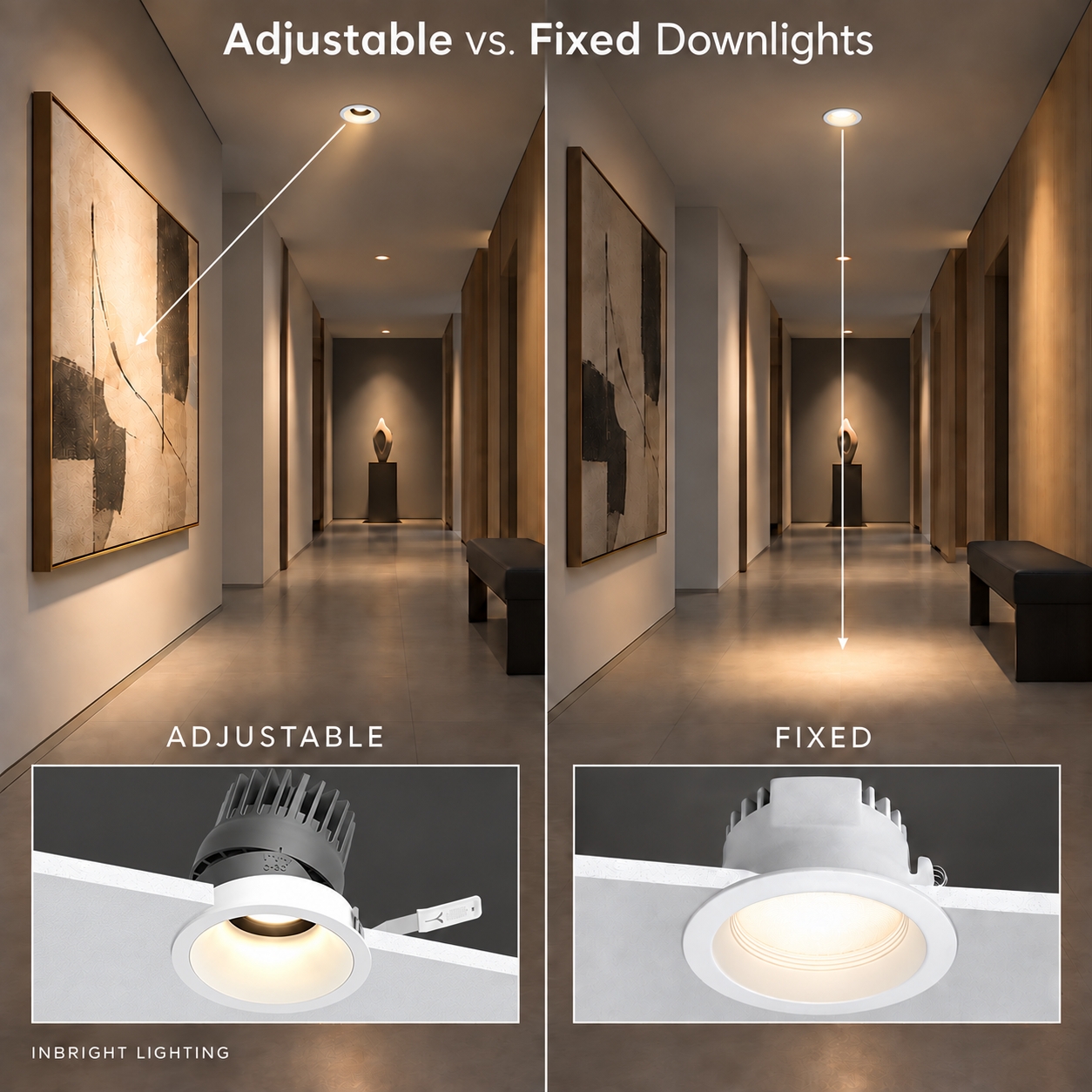 Fixed downlight lighting the floor beside an adjustable downlight aimed at wall artwork