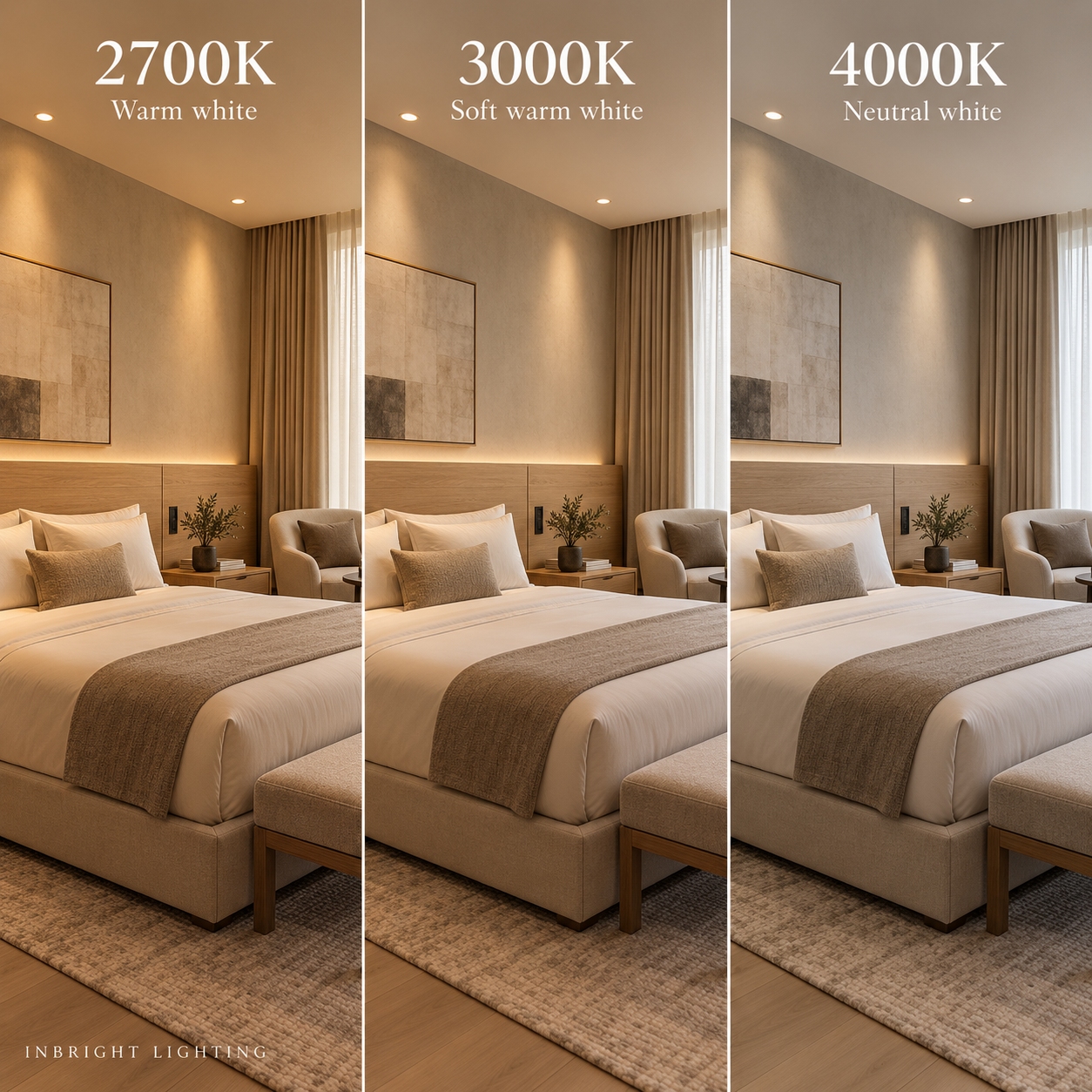 Illustrative comparison of 2700K, 3000K and 4000K downlight color appearance in the same hotel room