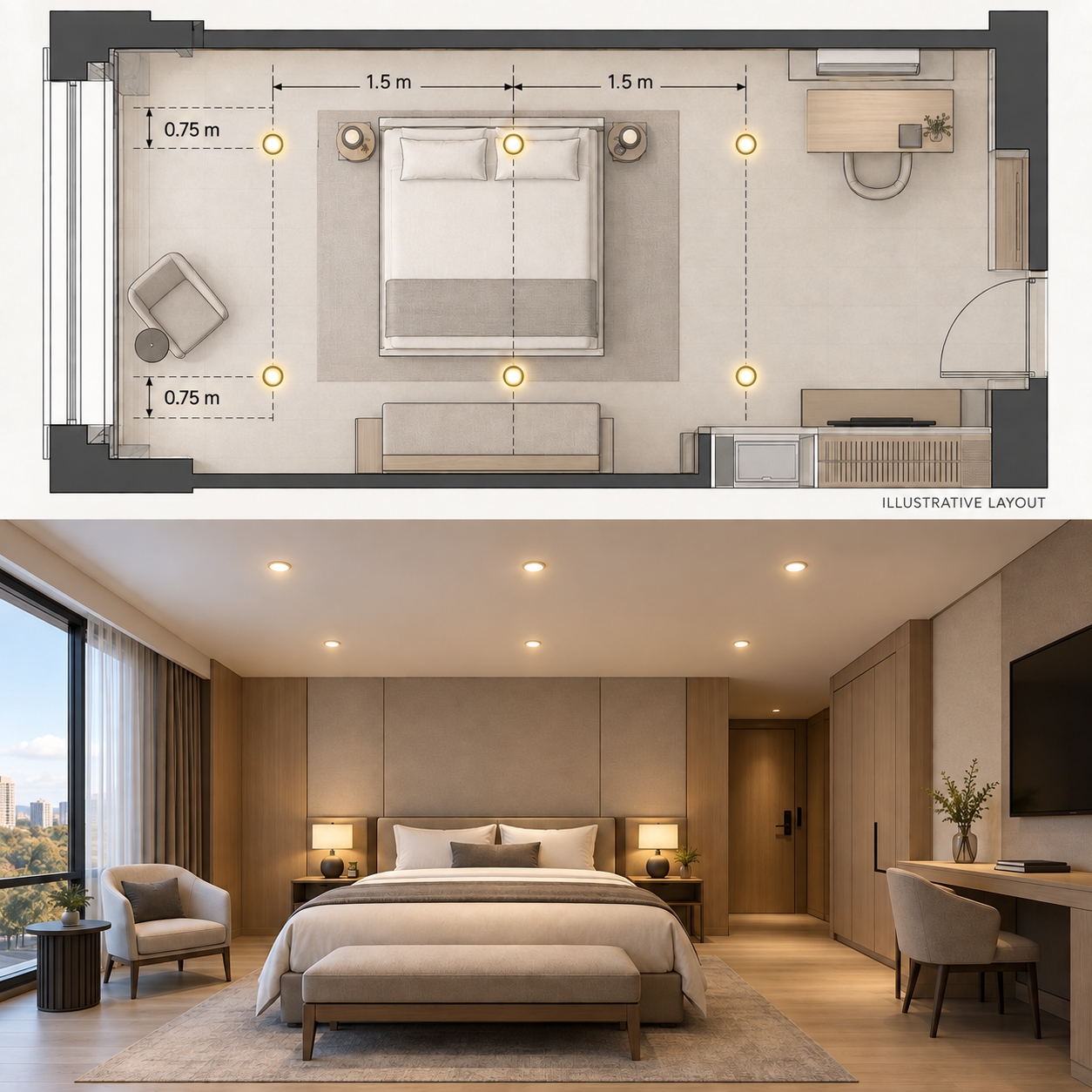 Hotel guest room downlight layout showing fixture spacing, distance from walls and the resulting lig