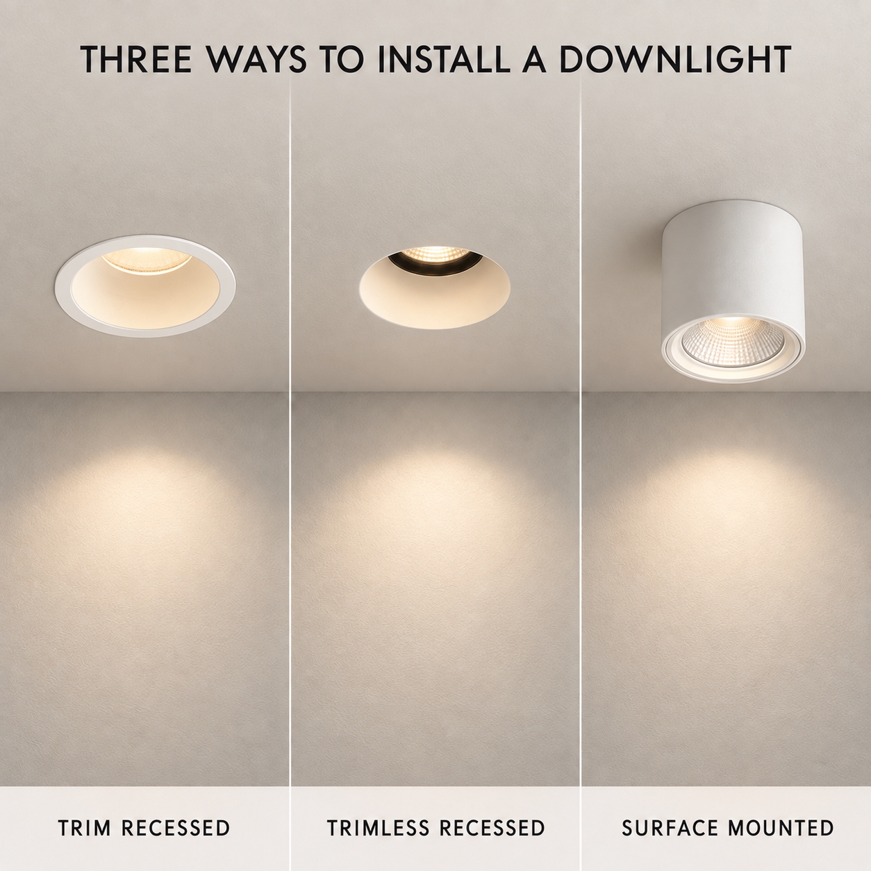 Trim, trimless and surface-mounted downlights installed in three ceiling sections