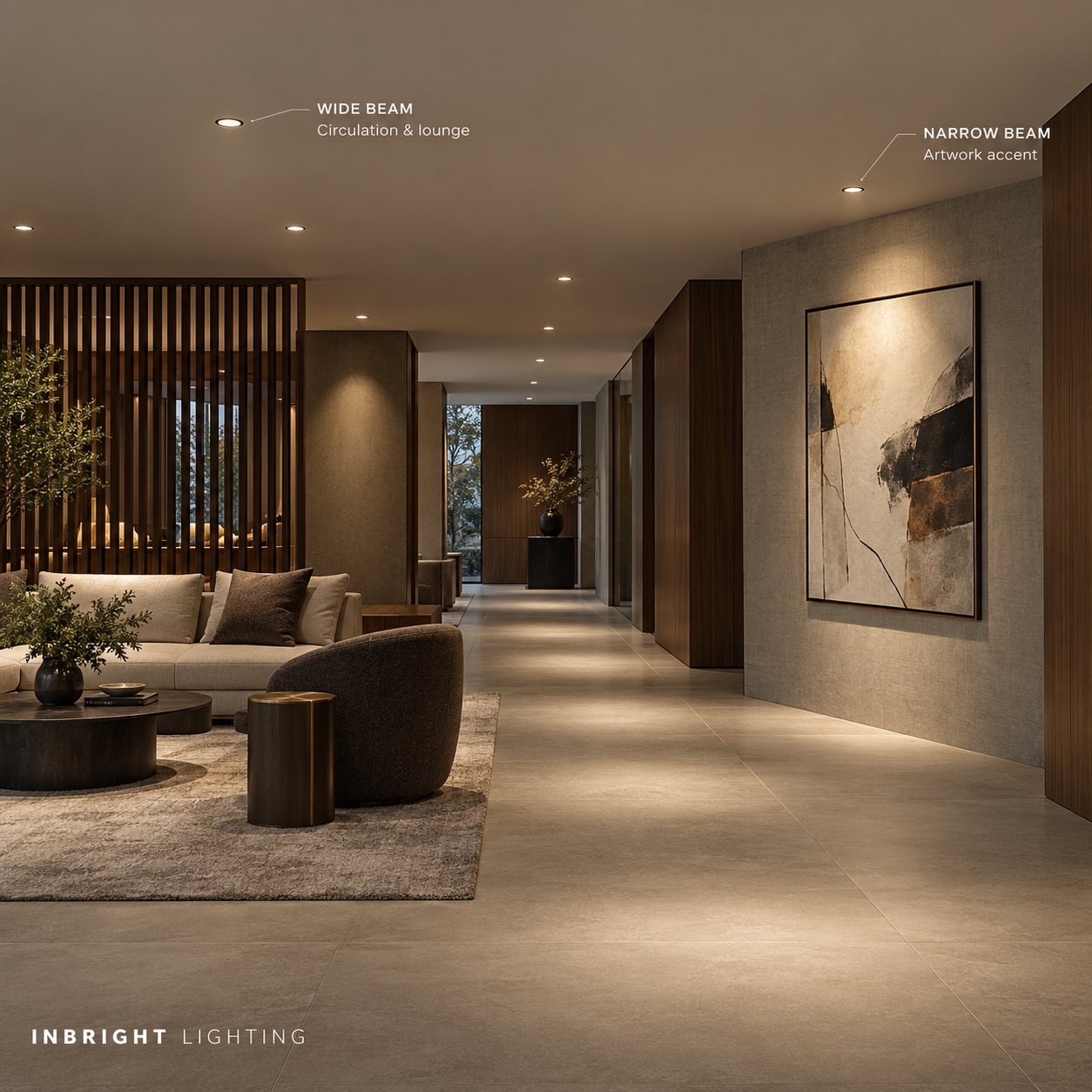 Interior combining wide beam downlights for general lighting and a narrow beam downlight for artwork